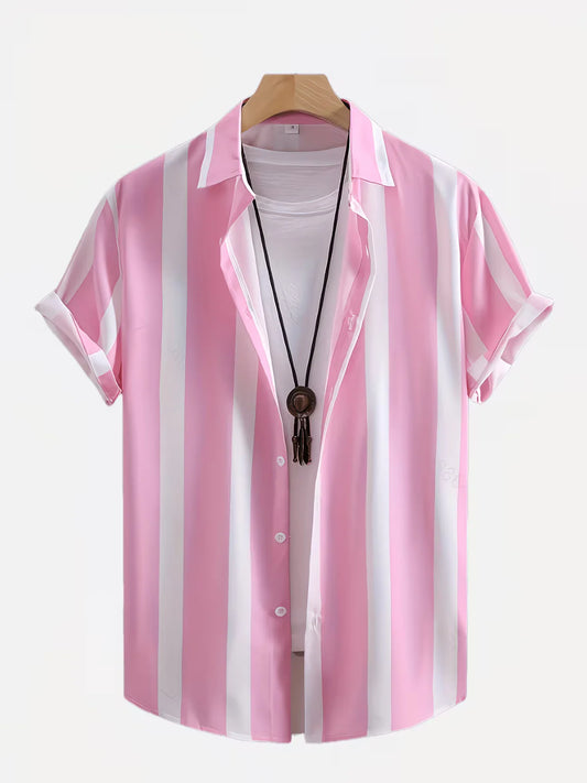 Trends Boutique's Pink & White Vertical Striped Short Sleeve Shirt – Men's Stylish Casual Button-Up