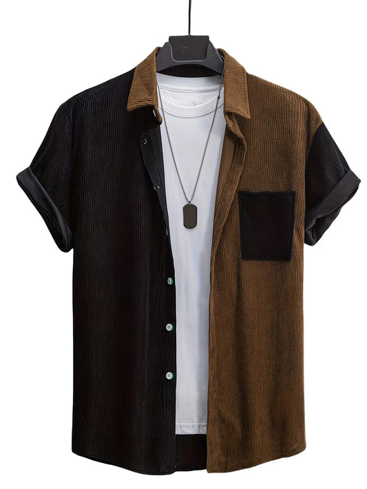 Trends Boutique's Two Tone Corduroy Short Sleeve Shirt – Black & Brown Casual Button-Up for Men
