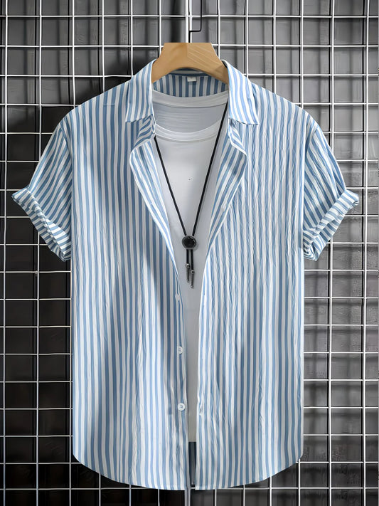 Trends Boutique's Blue & White Vertical Stripe Short Sleeve Shirt – Men's Casual Summer Button-Up