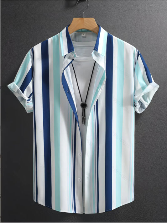 Trends Boutique's Blue & Mint Vertical Striped Short Sleeve Shirt – Men's Casual Summer Button-Up