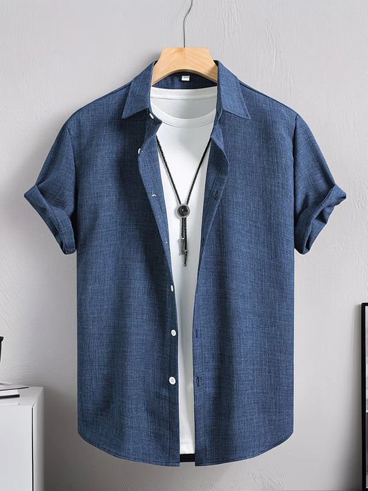 Trends Boutique's Classic Blue Linen Style Short Sleeve Shirt – Men's Casual Summer Button-Up