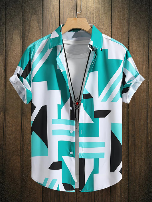 Trends Boutique's Teal Geometric Print Short Sleeve Shirt – Men's Modern Casual Button-Up
