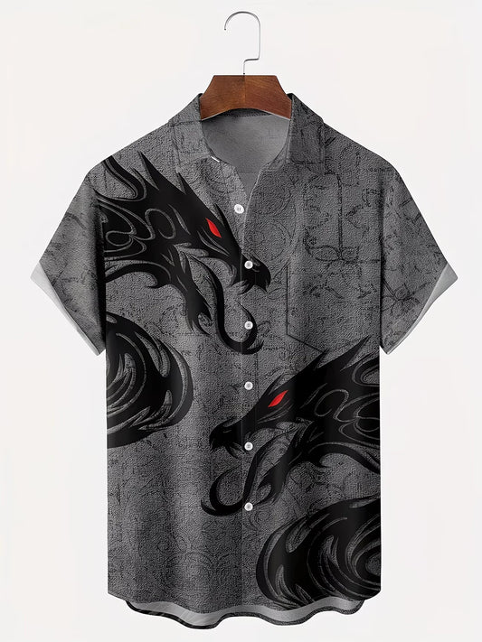 Trends Boutique's Black Dragon Graphic Short Sleeve Shirt – Stylish Gray Button-Up Streetwear for Men