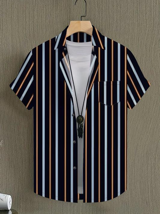 Trends Boutique's Navy Vertical Striped Short Sleeve Shirt – Modern Casual Button-Up for Men