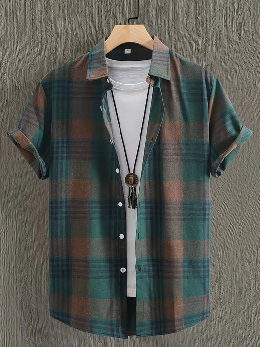 Trends Boutique's Green Plaid Short Sleeve Shirt – Classic Checkered Casual Button-Up for Men