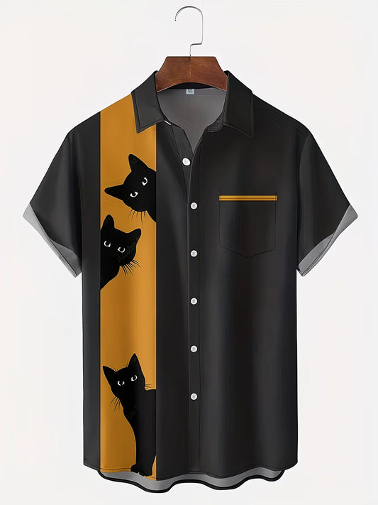 Trends Boutique's Black Cat Graphic Short Sleeve Shirt – Men's Stylish Casual Button-Up