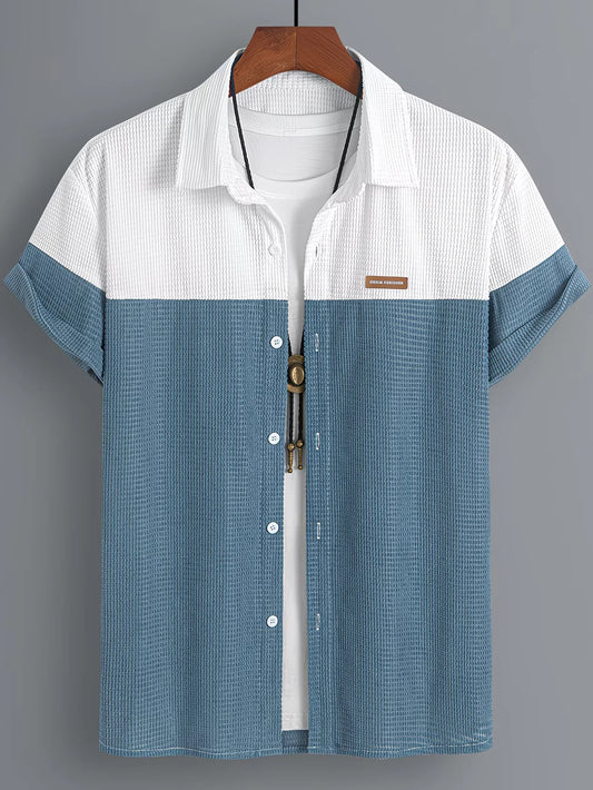 Trends Boutique's Two Tone Waffle Texture Short Sleeve Shirt – Stylish Blue & White Casual Button-Up for Men