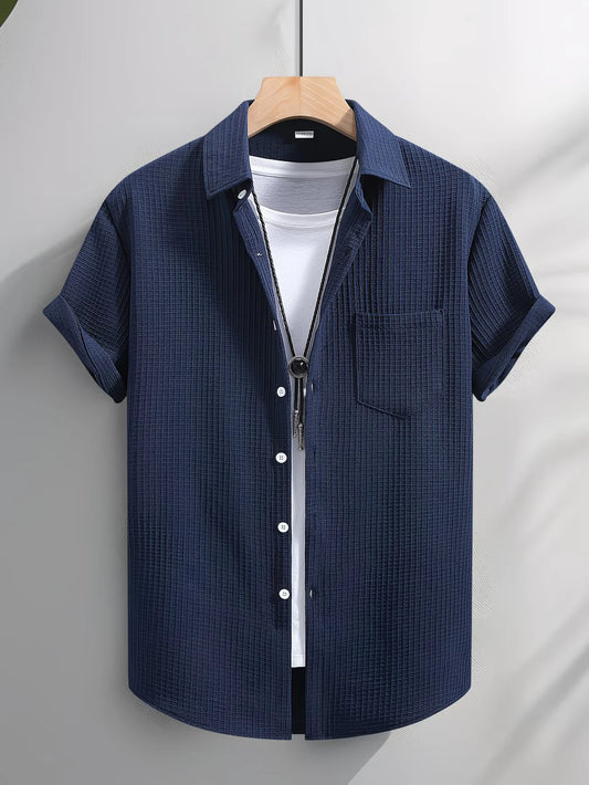Trends Boutique's Navy Waffle Texture Short Sleeve Shirt – Modern Casual Button-Up for Men