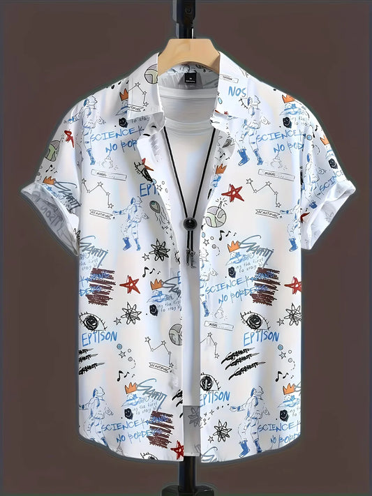Trends Boutique's Artistic Graffiti Print Short Sleeve Shirt – Trendy White Casual Button-Up for Men