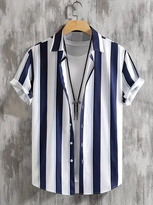 Trends Boutique's Blue & White Vertical Striped Short Sleeve Shirt – Stylish Casual Button-Up for Men
